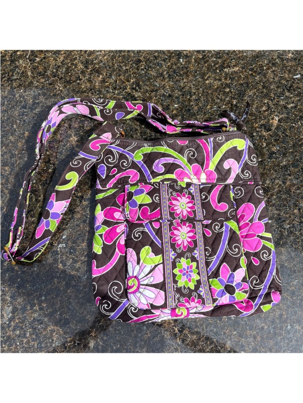 Vera Bradley Dark Brown Crossbody with Purple & Green Floral Pattern. - Picture 4 of 7